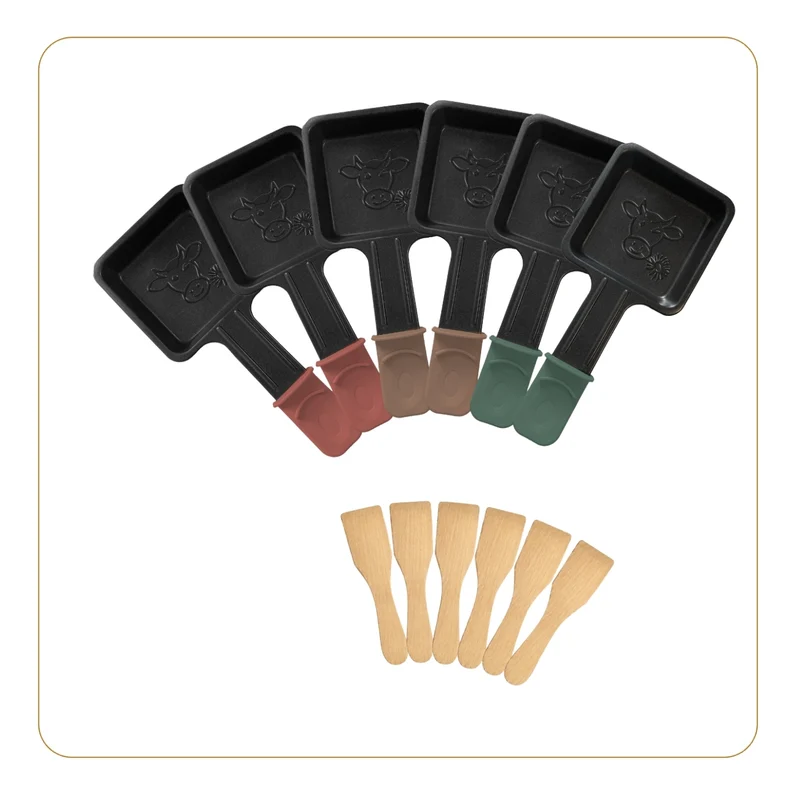 Lot de 6 poêlons à raclette universels carrés tricolores & 6 spatules bois naturel, Les Meuuuh