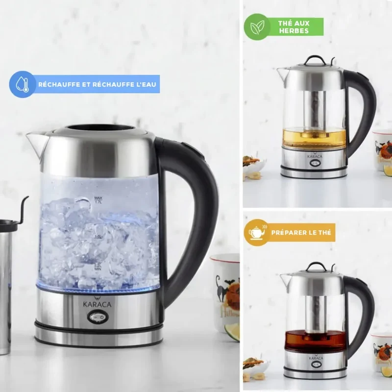 Théière Bouilloire Karaca 2202 en Verre et Acier Inoxydable avec Éclairage LED, 1,7 Litre