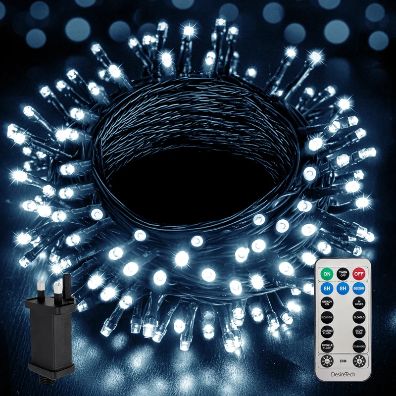 Desiretech Outdoor & Garden Lights, LED Outdoor Waterproof Plug-in String Lights, Remote Control, 8 Modes, Timer, Dimmable Cool/Warm Lights
