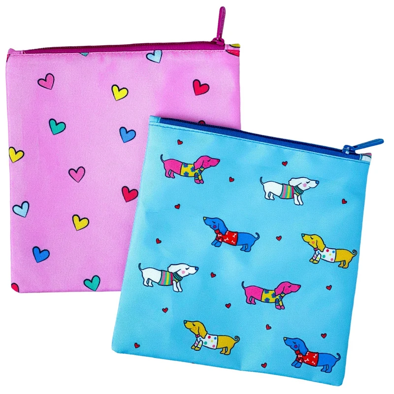 Sachets réutilisables pour encas et sandwichs — Lot de 2, motifs cœurs et chiens