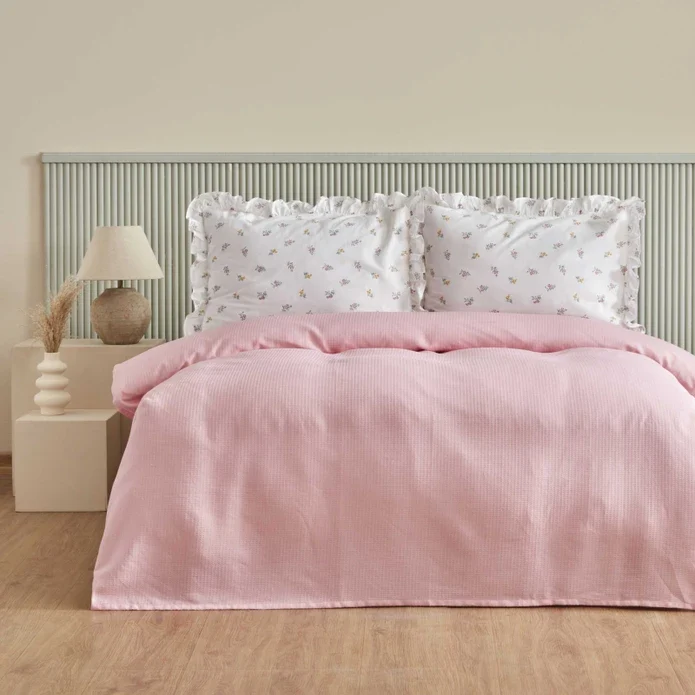 Karaca Home Lidya Ensemble de Plaid 100% Coton Double Taille Poudré