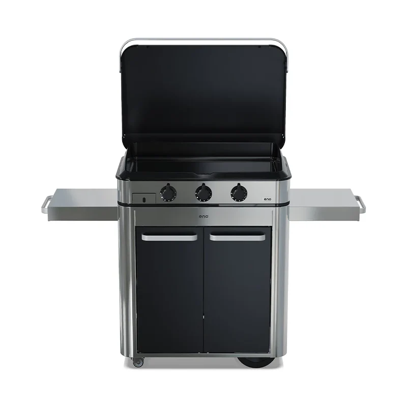 Eno - Ensemble Plancha 3 brûleurs, couvercle et chariot ENOSIGN 80 - Noir et Inox