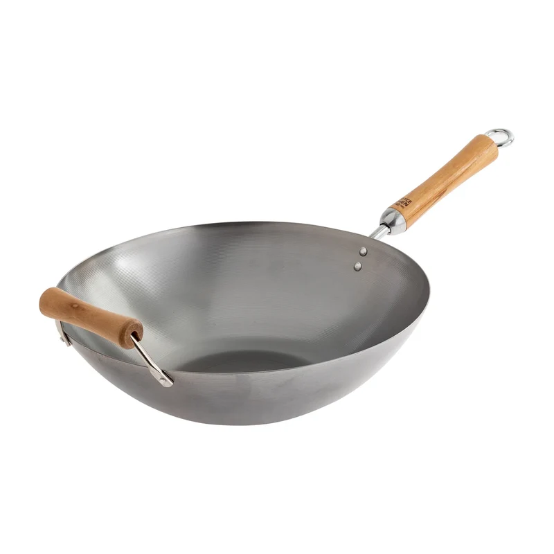 Wok à fond plat en acier carbone de 14" de la série Classic avec poignées en bouleau