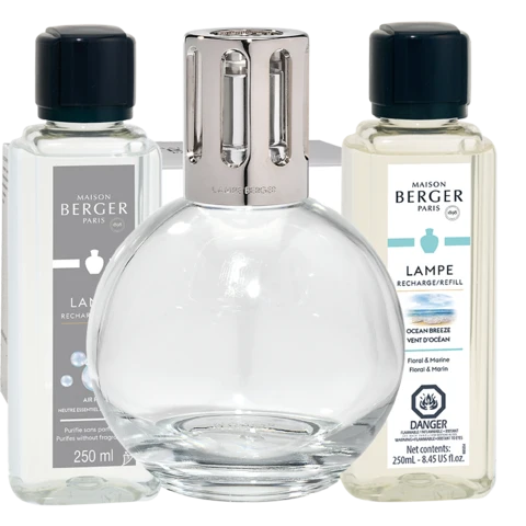 Coffret lampe Berger Essentielle Ronde avec recharges Neutre essentiel et Vent d’océan