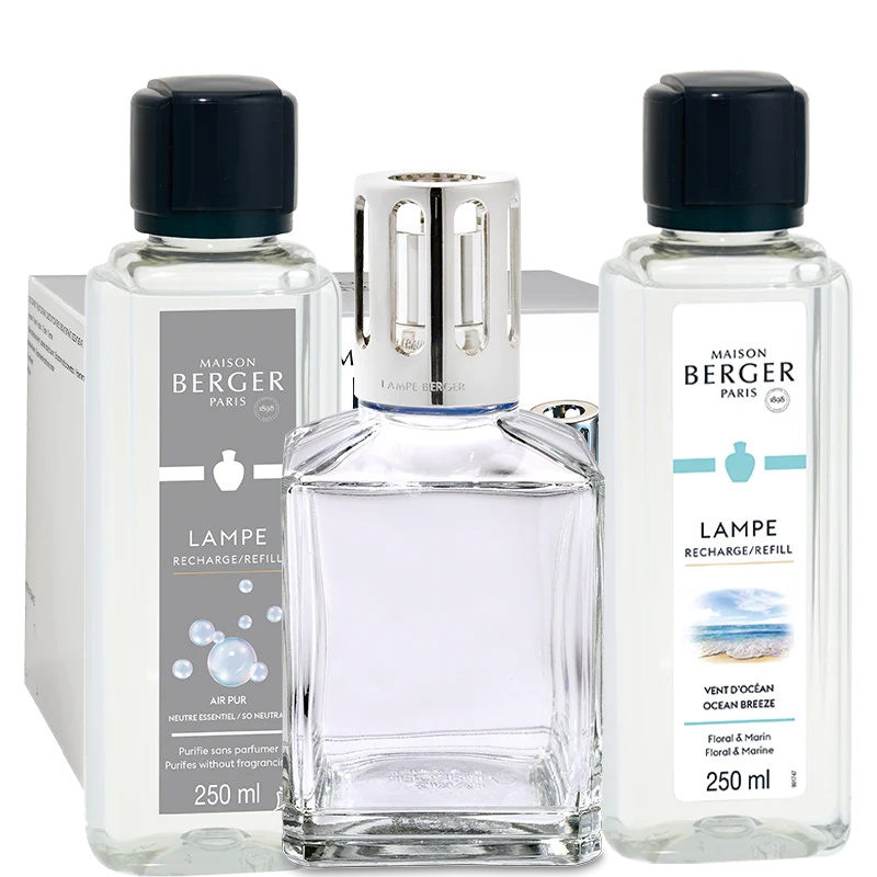 Coffret lampe Berger Essentielle carrée avec recharges Neutre essentiel et Vent d’océan