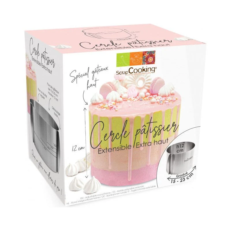 Cercle pâtissier extensible spécial gâteaux hauts en inox 15cm à 23cm x 12cm