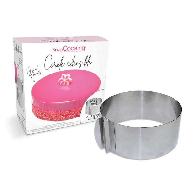 Cadre à pâtisserie extensible rond inox 16cm à 30cm x 8,5cm