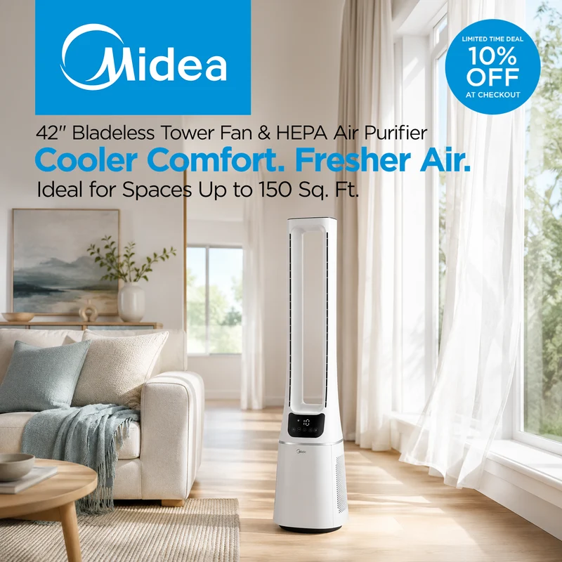 42" Bladeless Tower Fan & HEPA Air Purifier with Remote Control