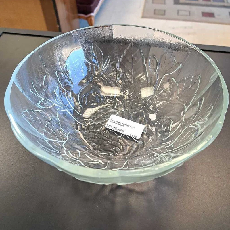 Clear Glass Serving Bowl W/Rose Design