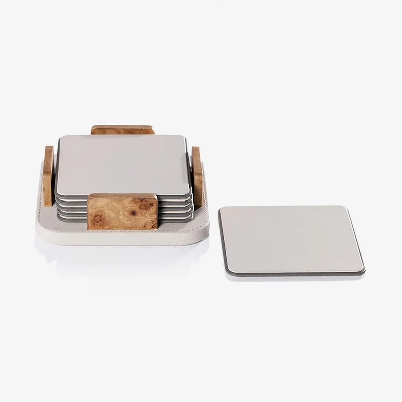 Zodax | Sotto Leather with Burl Veneer Coaster - Set of 6