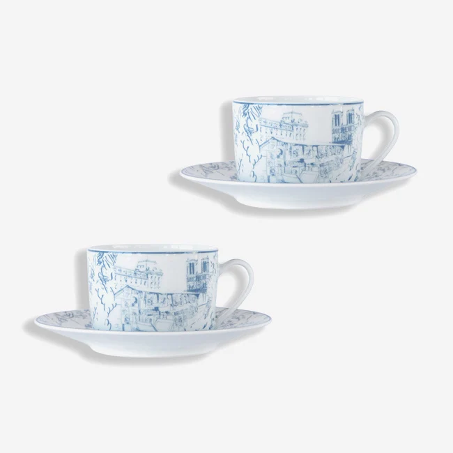 Bernardaud | Tout Paris Teacup & Saucer - Set of 2 - White & Blue